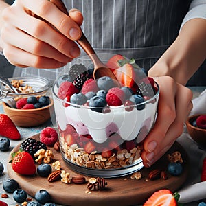 191 100. Close-up of a person layering a colorful parfait with