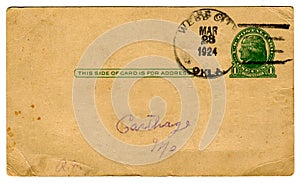 1920's Postcard, One Cent Cancel