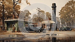 1920s Fuel Haven: A Nostalgic Gas Station Painting Masterfully Crafted