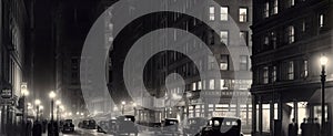 1920s New York city streets at night, Old-fashioned digital artwork with vintage architecture, cars and vehicles, old school