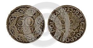 A 1923 Polish copper-nickel 50 groszy coin was issued from 1923 to 1949.