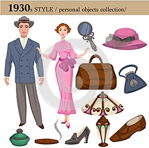 1930 fashion style man and woman personal objects