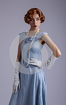 1930`s woman in blue dress