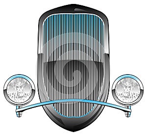 1930s Style Hot Rod Car Grill with Headlights and Chrome Trim Vector Illustration