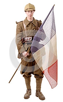 1940 french soldier with a flag isolated on a white background