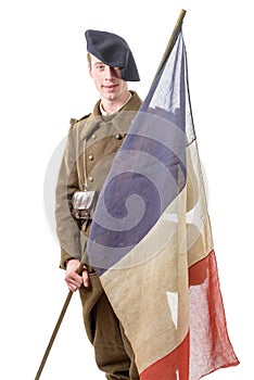 1940 french soldier with a flag isolated on a white background