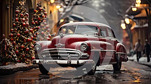 1940\'s Vintage Car Parked Outside The Festively Christmas Decorated Shops. Generative AI