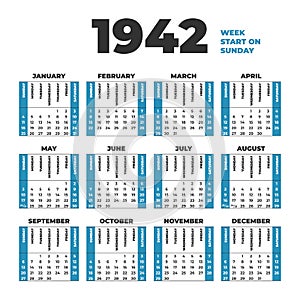 1942 year vector calendar. Weeks start on Sunday