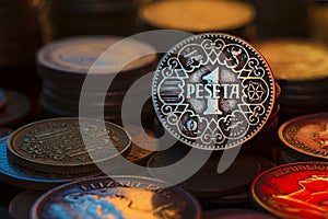 1944 Spanish Peseta Coin Piles and Stacks Close Up Macro