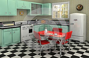 Retro cucina dal 1950 completa con piano cottura, frigorifero, chrome dinette, caffettiera, tostapane, scatola di pane e radio.