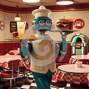 A 1950\'s style reto robot serving in a traditional American diner