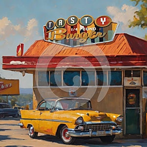 1950s Drive-In Oil painting with 57 chevy and retro sign