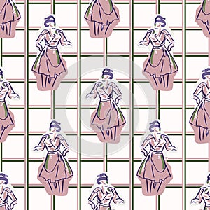 1950s housewife fashion outfit seamless vector pattern. Hand drawn loose lineart style of retro fifties vintage woman with gingham