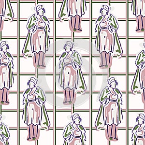 1950s ladies fashion outfit seamless vector pattern. Hand drawn loose lineart style of retro fifties vintage woman with plaid