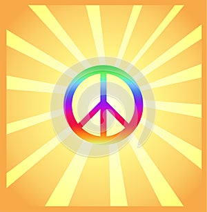 1960’s or 1970’s Hippie Style Art Poster with yellow sunburst and multicolored peace symbol