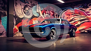 1960's Chevrolet Camaro muscle car parked in front of an abstract graffiti, AI-generated.