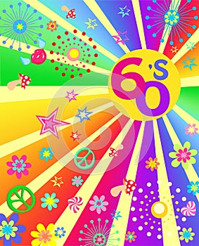 1960’s Hippie Style Art Poster with multicolored sunburst, peace symbol, fly agaric, flying lips, colorful flower-power