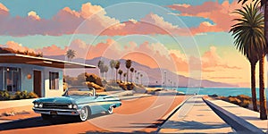 1960s California summer: minimalist car cruising coastal highway