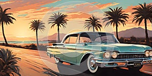 1960s California summer: minimalist car cruising coastal highway