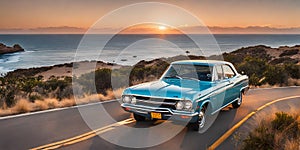 1960s California summer: vintage car cruising coastal highway