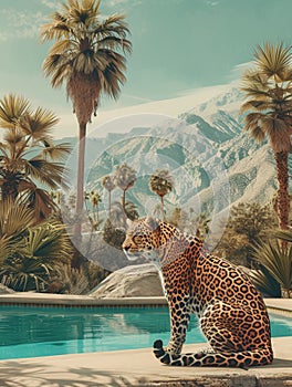 1960s Palm Desert California, pool, mountain view, palms, leopard full body in the pool