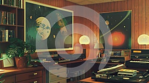 1960s space-age espionage, vinyl records with secret data, cosmos poster on the wall, retro style, warm lighting, eye-level shot,