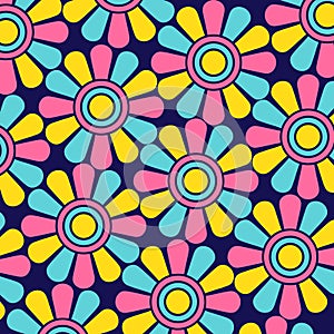 1960s Style Pink Yellow Blue Neon Daisy Flowers Pattern