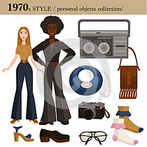 1970 fashion style man and woman personal objects