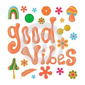 1970 good vibes lettering colorful vector clipart illustration