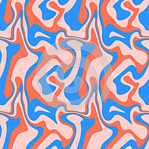 1970 liquid marble seamless pattern. Red blue wavy swirl texture. Groovy trippy distort psychedelic background