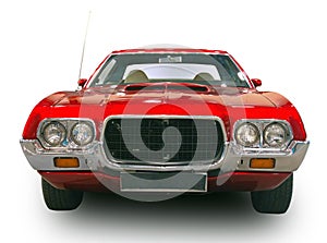 1970`s American vintage Sports car. White background.. Front view