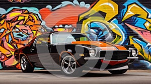 1970's Chevrolet Camaro muscle car parked in front of an abstract graffiti, AI-generated.