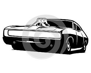 1970\'s dodge super charger car isolated on white background from front.