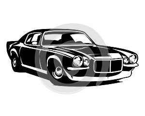 1970s chevy camaro car logo isolated white background view from side.