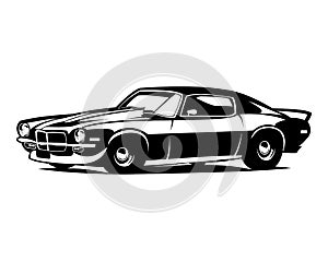 1970s chevy camaro car logo isolated white background view from side. best for car industry, badge, emblem, icon.