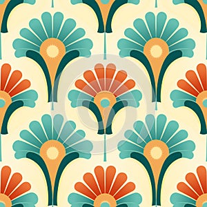 1970s Floral Pattern. Retro 70s Funky Design With Pink, Yellow, And Green Geometric Flowers. Groovy Mid Century Modern