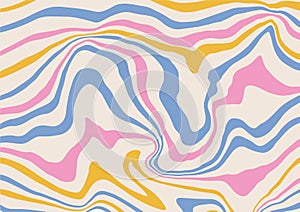1970s Wavy Swirl stripes Pattern in Pink, blue, yellow and light beige Colors. Hand Drawn Vector Illustration. 70s
