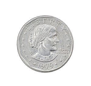 1979 P FG Susan B. Anthony Dollar front obverse side. First circulating US coin to feature a woman, produced 79-81 and 99. Depicts