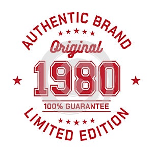 1980 Authentic brand. Apparel fashion design. Graphic design for t-shirt.