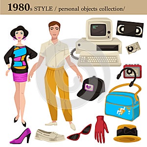 1980 fashion style man and woman personal objects