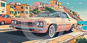 1980s car cruising along Italian coastline: minimalist summer scene