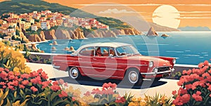 1980s car cruising along Italian coastline: minimalist summer scene