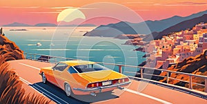 1980s car cruising along Italian coastline: minimalist summer scene