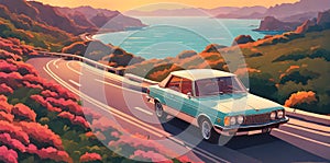 1980s car cruising along Italian coastline: minimalist summer scene