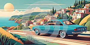 1980s car cruising along Italian coastline: minimalist summer scene