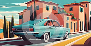 1980s car cruising along Italian coastline: minimalist summer scene