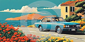 1980s car cruising along Italian coastline: minimalist summer scene