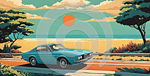 1980s car cruising along Italian coastline: minimalist summer scene