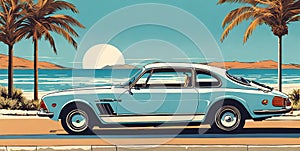 1980s car cruising along Italian coastline: minimalist summer scene