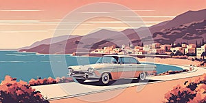 1980s car cruising along Italian coastline: minimalist summer scene